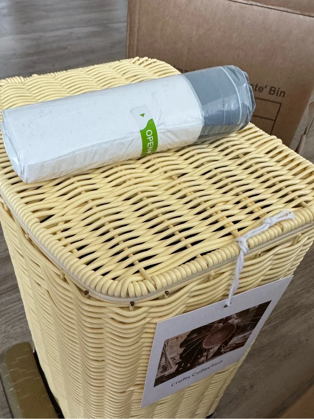 Handwoven Faux Rattan Trash Can Wicker Soft Slow Close Lid, Gold Tone Foot Pedal